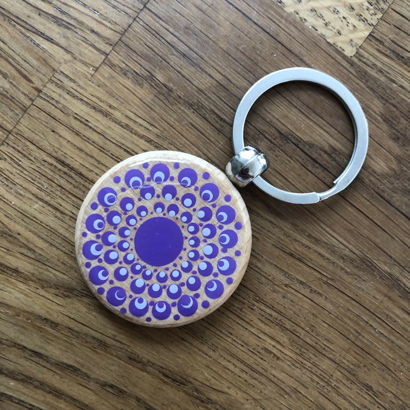 Hand Painted Dot Mandala Wooden Key Ring: Purple and Lilac