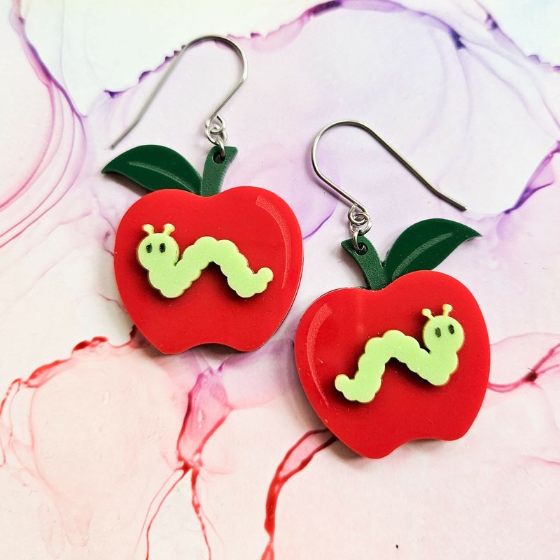 Handmade Apple And Cute Worm Resin Earrings