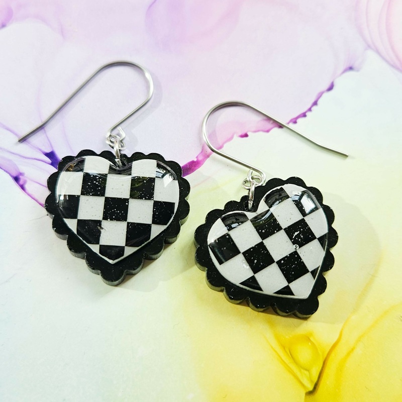 Handmade Checkered Heart Resin Earrings
