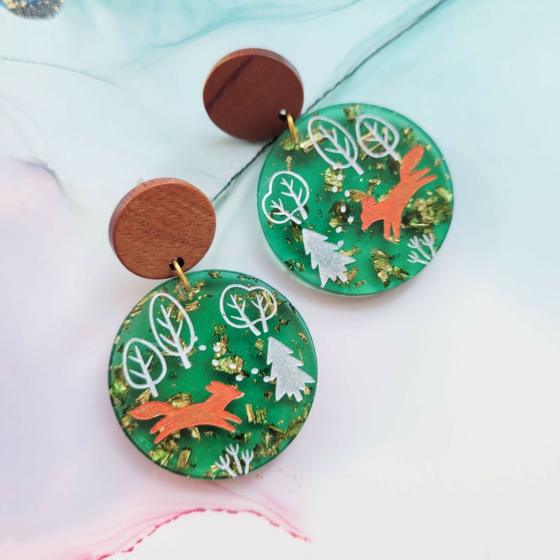 Handmade Fox And Forest Resin Earrings