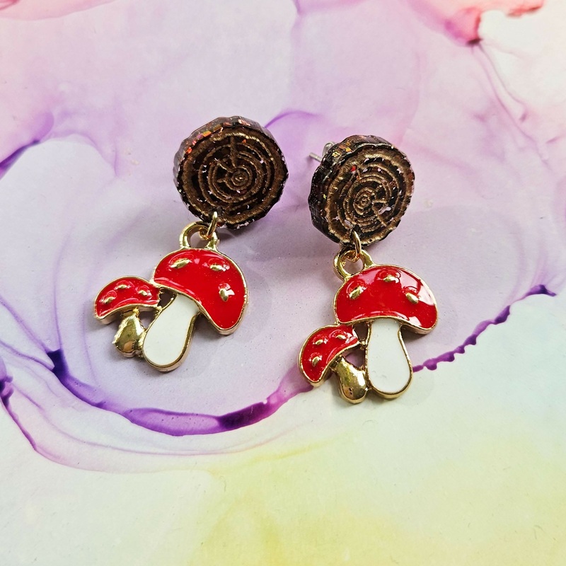 Handmade Resin Wood Stud And Mushroom Earrings