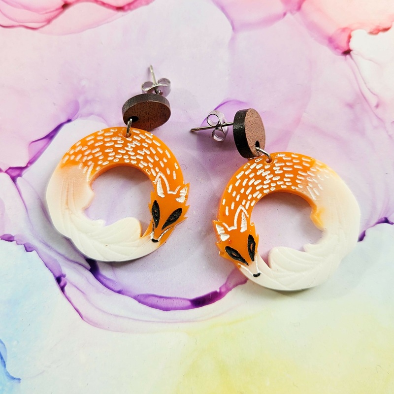 Handmade Sleeping Fox Resin Earrings
