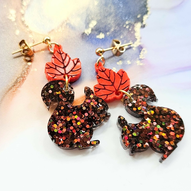 Handmade Squirrel And Leaf Resin Earrings