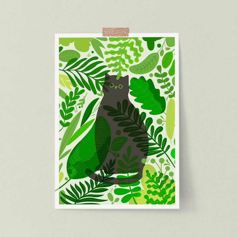 Peeking Black Cat Print A3