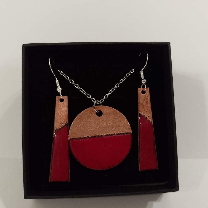 Red and Copper Enamel Earring and Pendant Set
