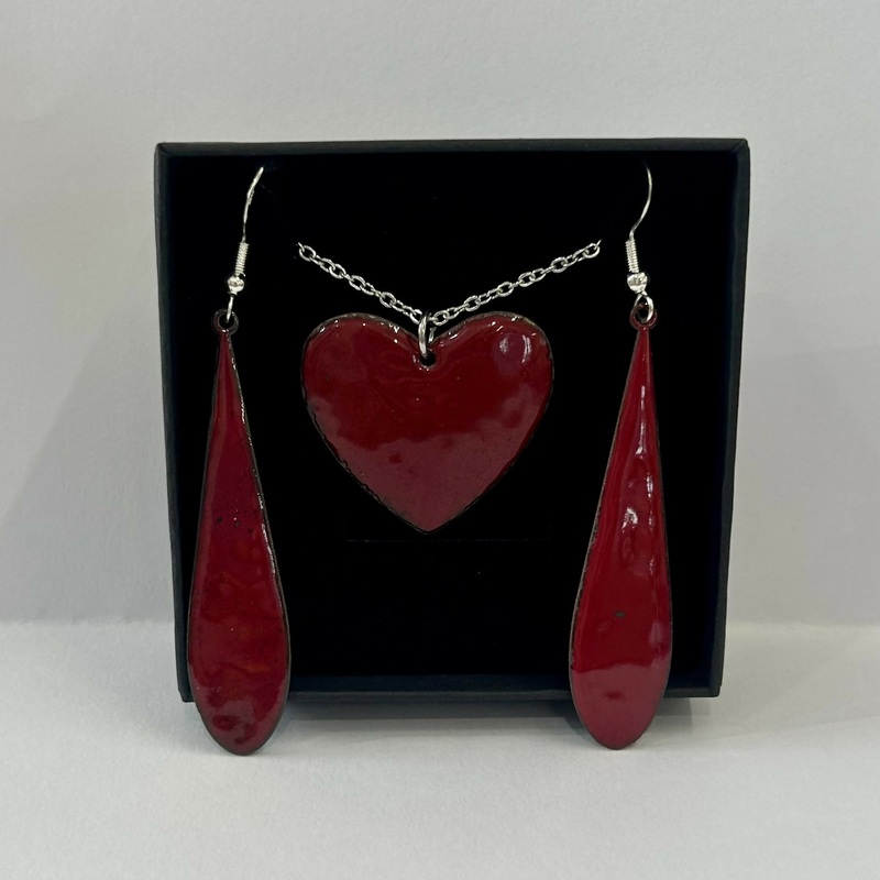 Red Heart and Teardrop Enamel Earring and Pendant Set