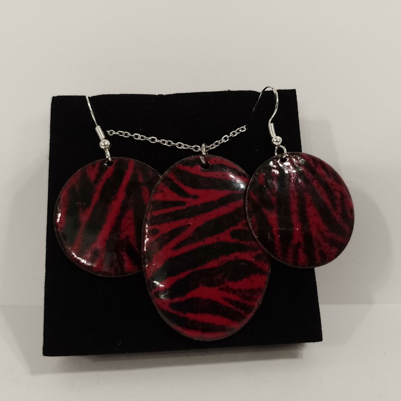 Red Zebra Oval Enamel Earring and Pendant Set