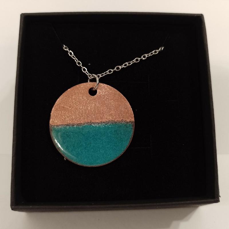 Turquoise and Copper Split Circle Enamel Pendant