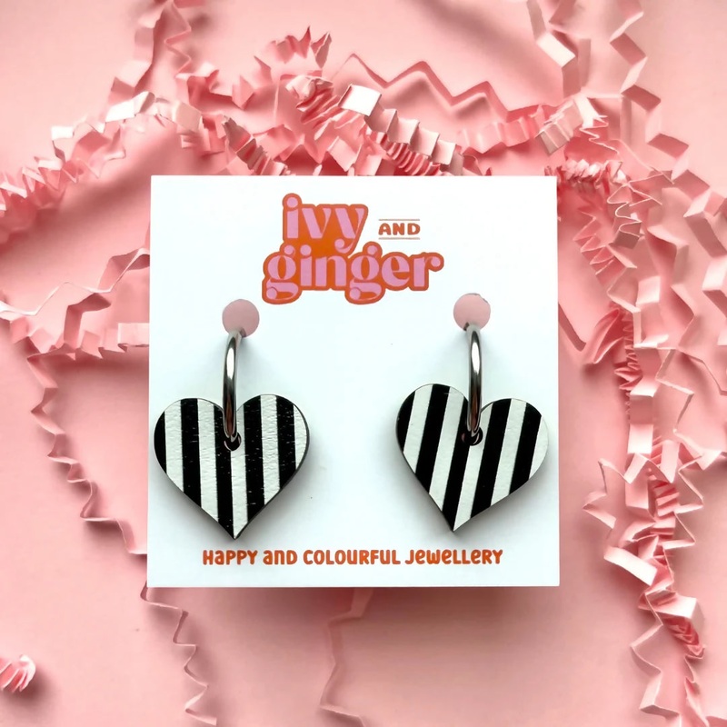 Black and White Monochrome Striped Heart Shaped Hoop Earrings