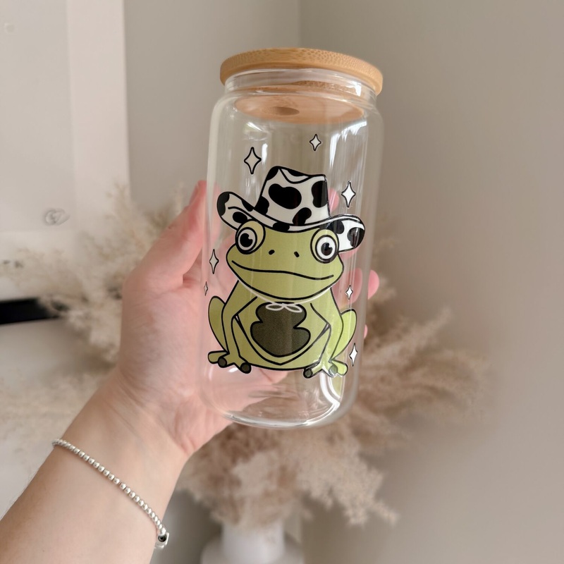 Cowboy Frog 16oz Glass Can|Clear|Frosted
