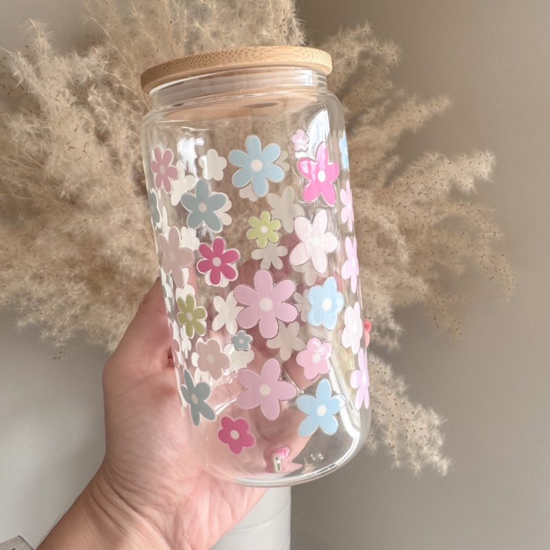 Cute Pastel Flowers 16oz Glass Can
