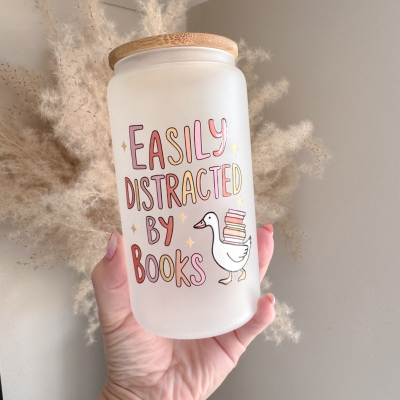 Easily Distracted By Books 16oz Glass Can With Bamboo Lid