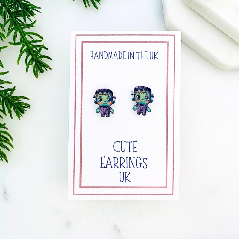 Green Stitched Monster Stud Earrings