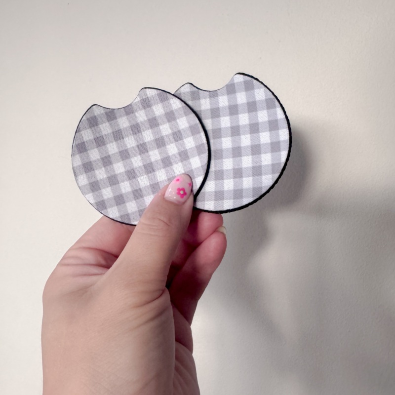 Grey Gingham Car Coaster Set