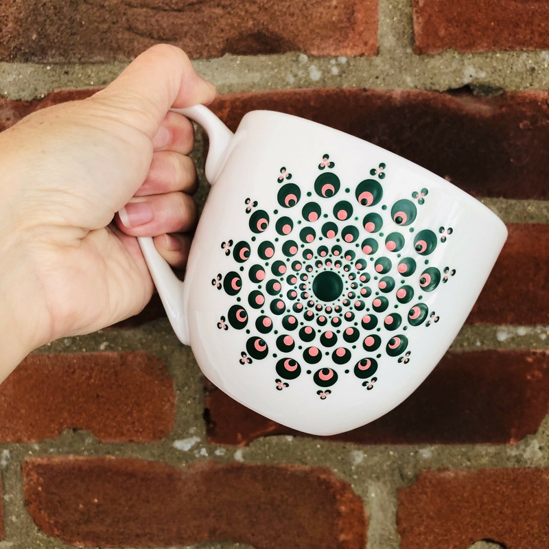 Hand Painted Dot Mandala Large Mug: Dark Green and Coral Blush