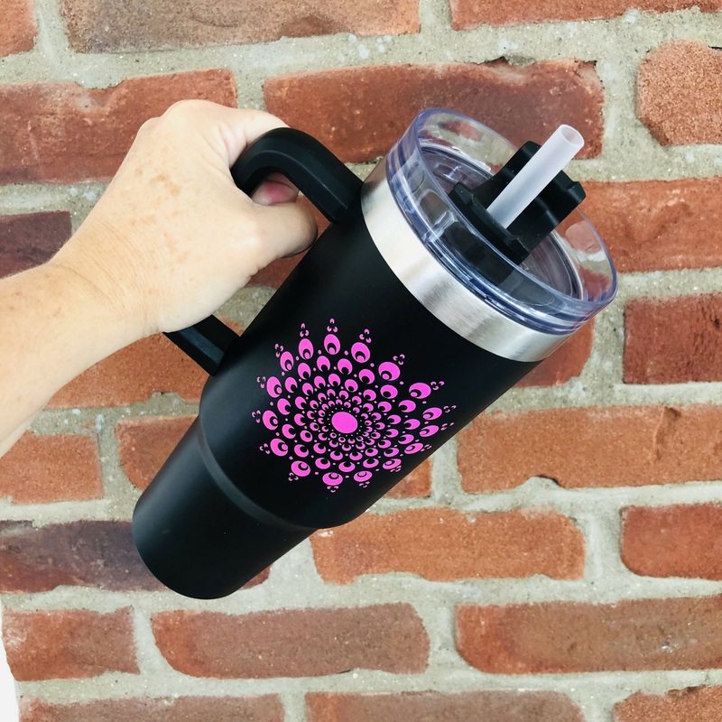 Hand Painted Dot Mandala Stanley-Style Cup With Straw: Black with hot pink and black