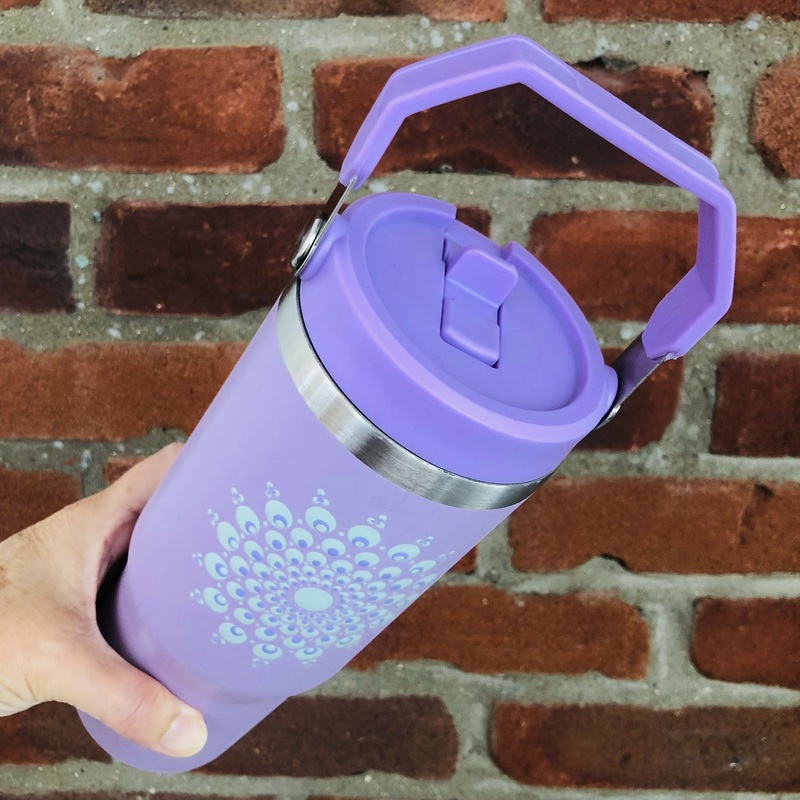 Hand Painted Dot Mandala Thermal Water Bottle with Handle: Lavender with Sage Green