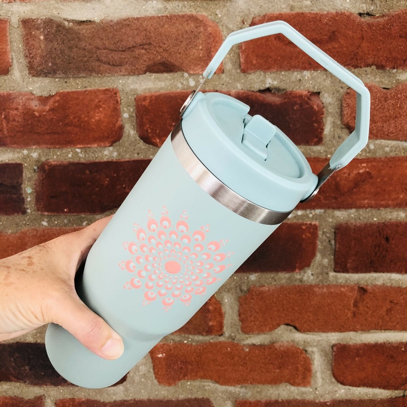 Hand Painted Dot Mandala Thermal Water Bottle with Handle: Sage with Coral Blush