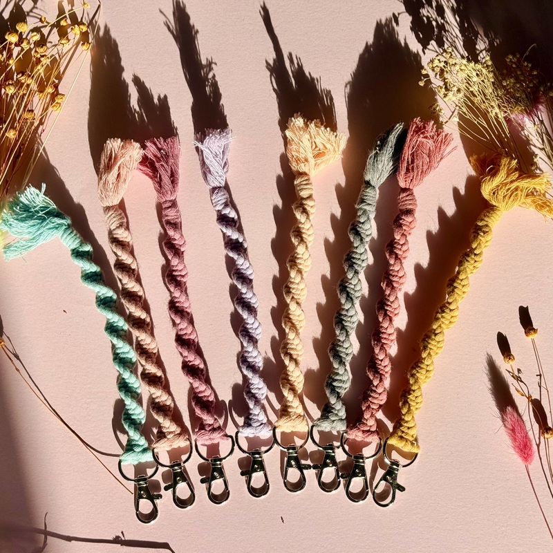 Macrame Twist Keyring|Light Blue|Peach|Light Pink|Pink|Red|Purple|Grey|Yellow