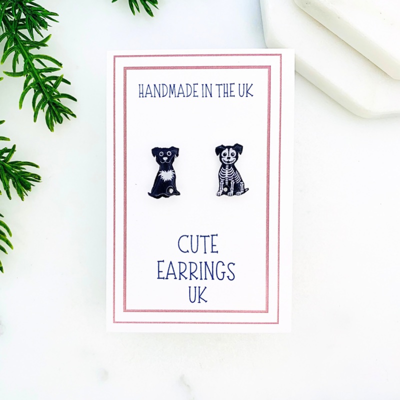 Mismatched Black Dog & Skeleton Dog Stud Earrings