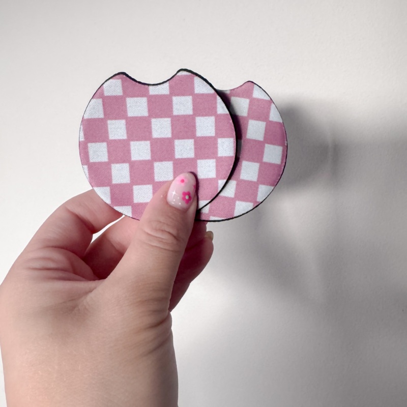 Pink Checkered Car Coaster Set