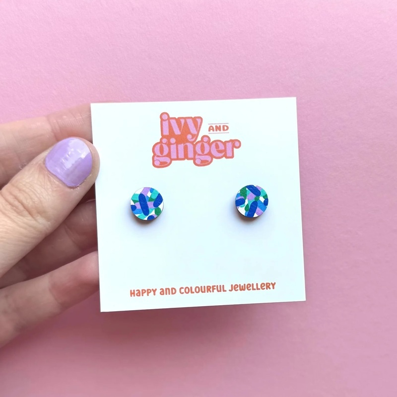 Blue Confetti Print Mini Circle Stud Earrings