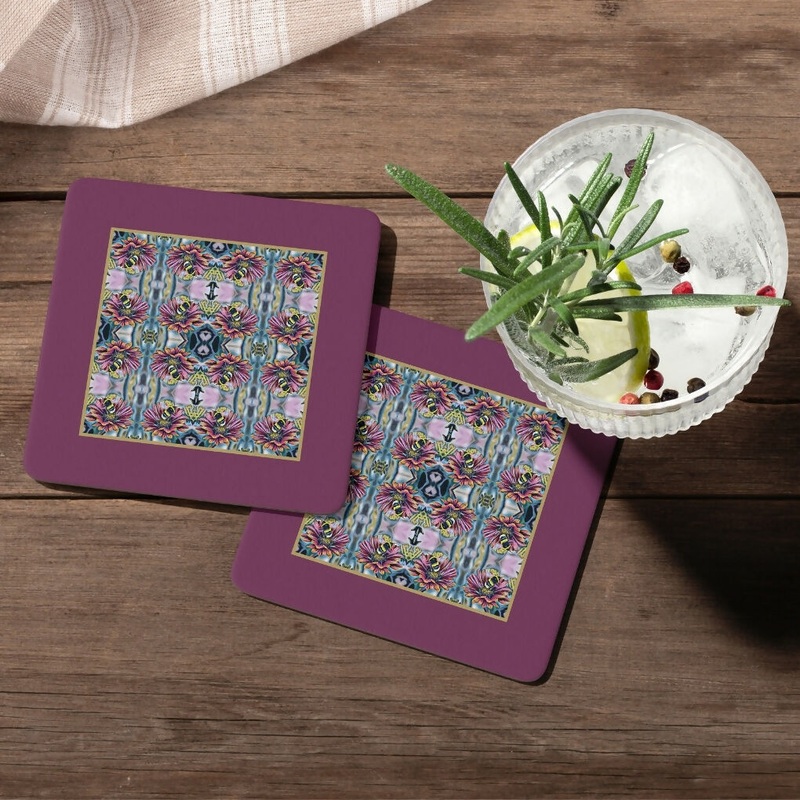 DAISY AND BEE MELAMINE COASTER WITH PLUM BORDER