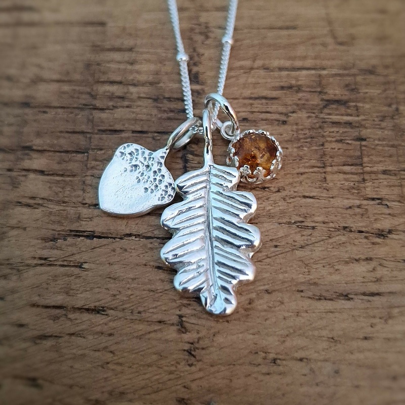 Handmade Large Oak Leaf & Acorn Necklace With Amber