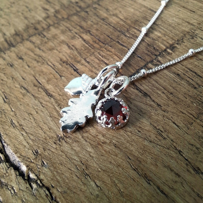Handmade Oak Leaf & Acorn Necklace With Garnet