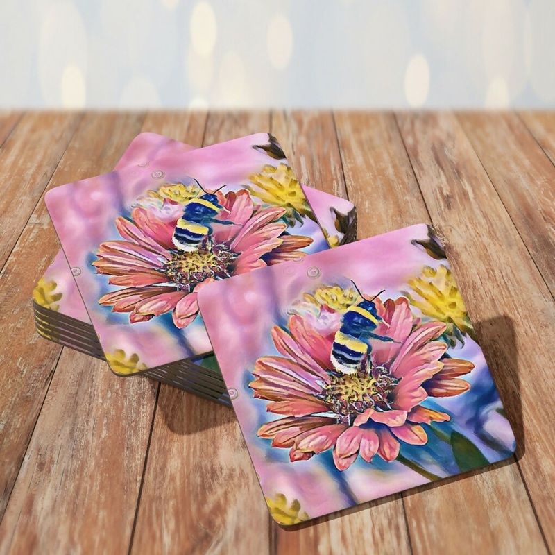 JUST VISITING – PINK DAISY AND BEE DESIGN MELAMINE COASTER