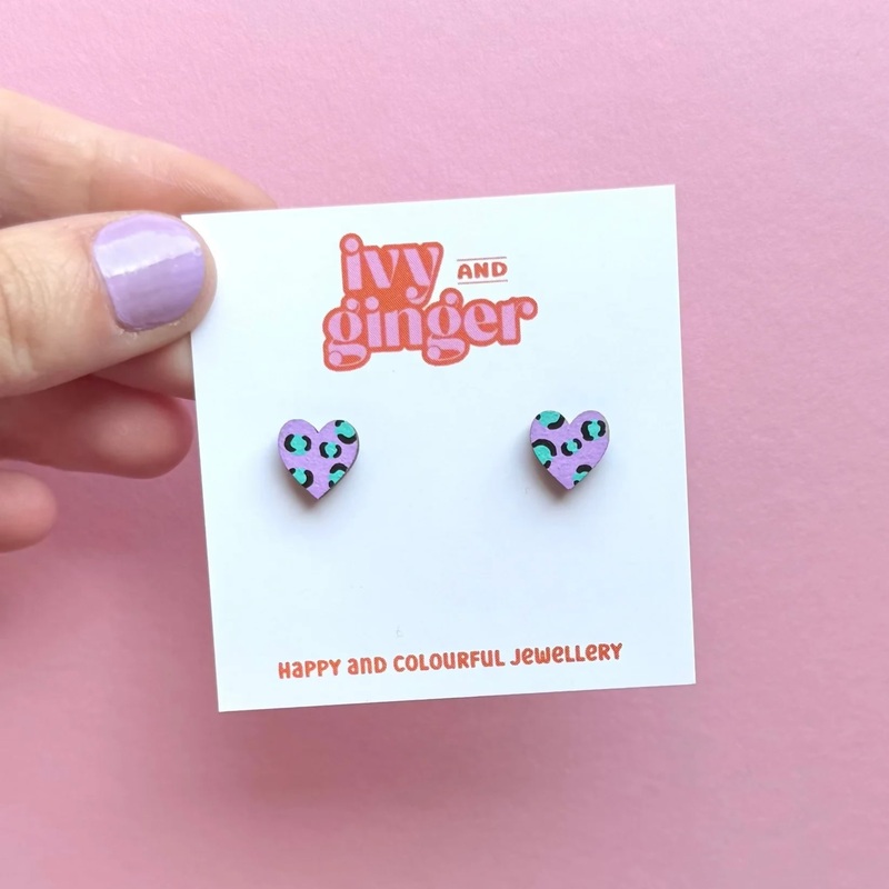 Mini Leopard Print Heart Stud Earrings In Lilac And Teal