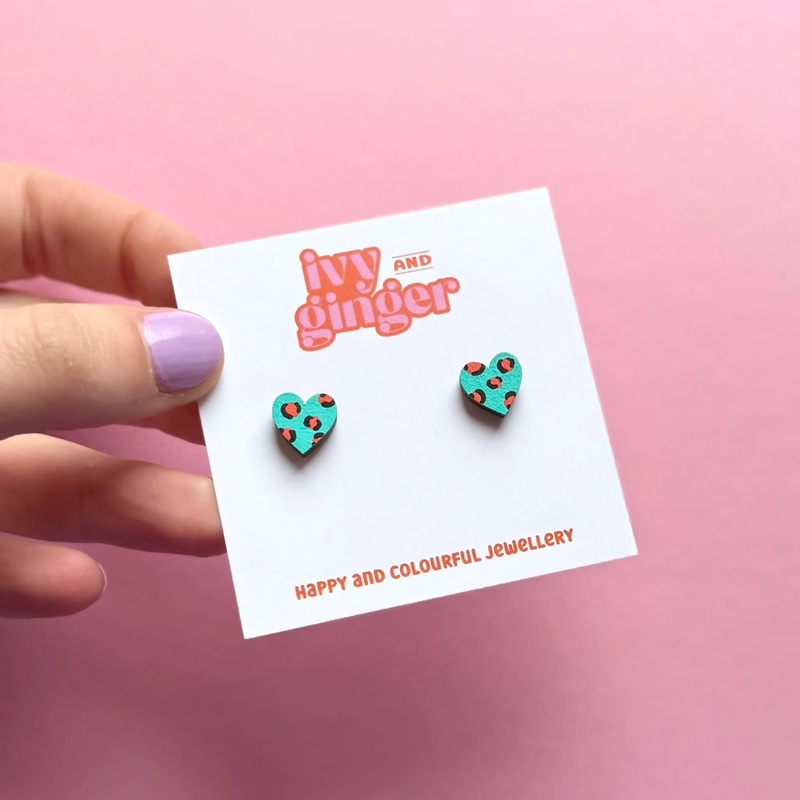 Mini Leopard Print Heart Teal And Orange Stud Earrings