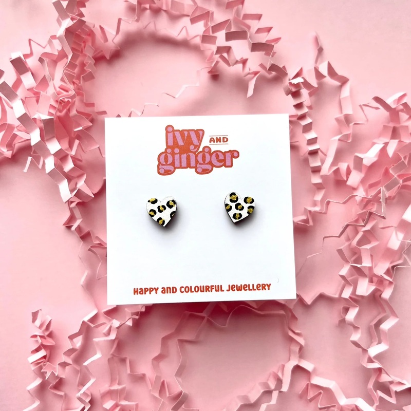 Mini White And Gold Heart Leopard Print Stud Earrings