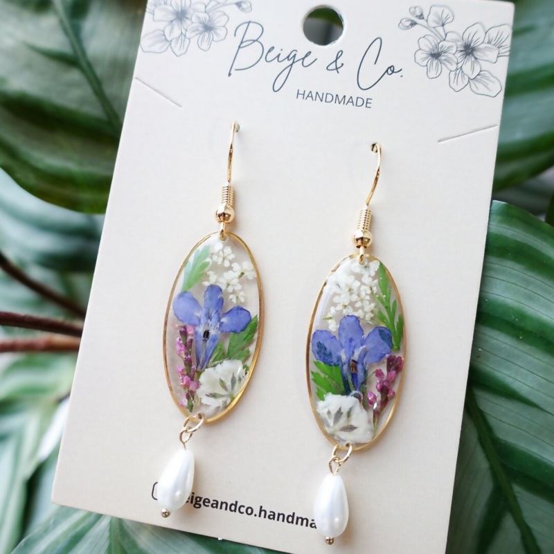 Blue Lobelia Pearl Pressed Flower Earrings