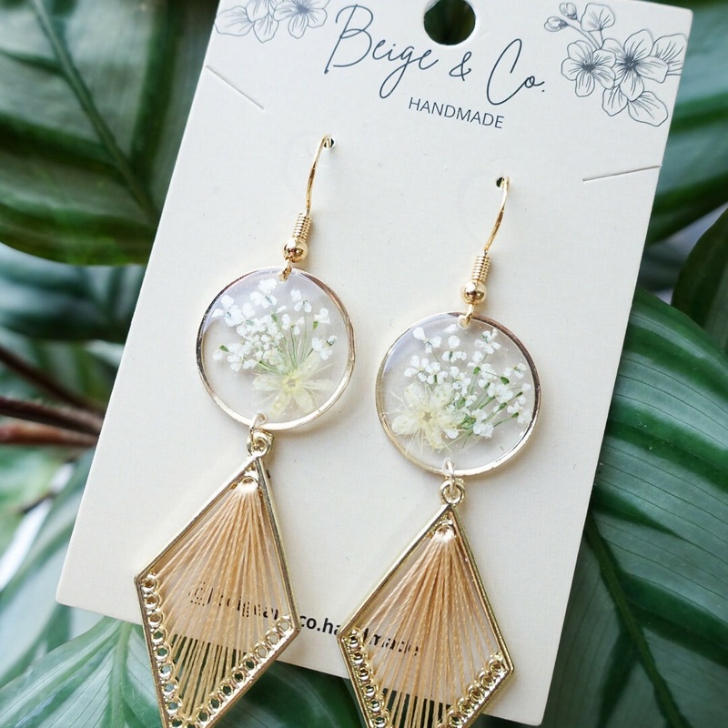 Boho Beige Pressed Flower Earrings