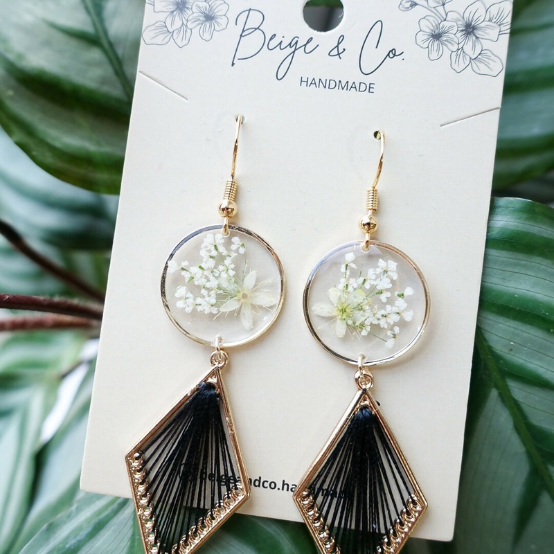 Boho Black Pressed Flower Earrings