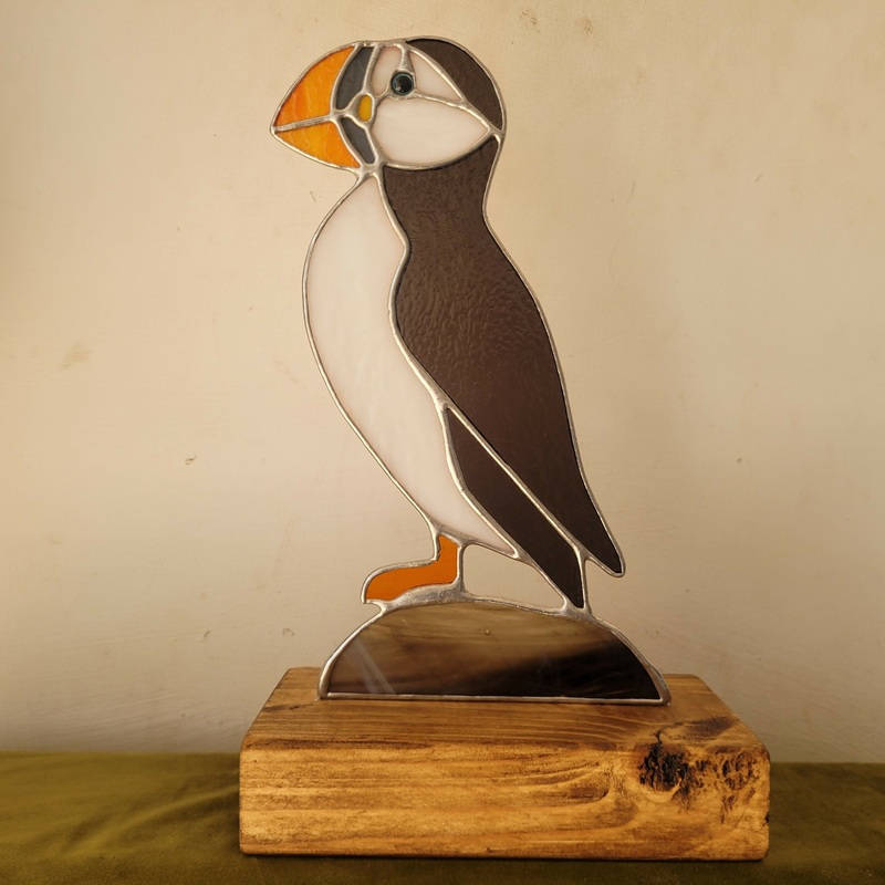 Glass Puffin on Wood