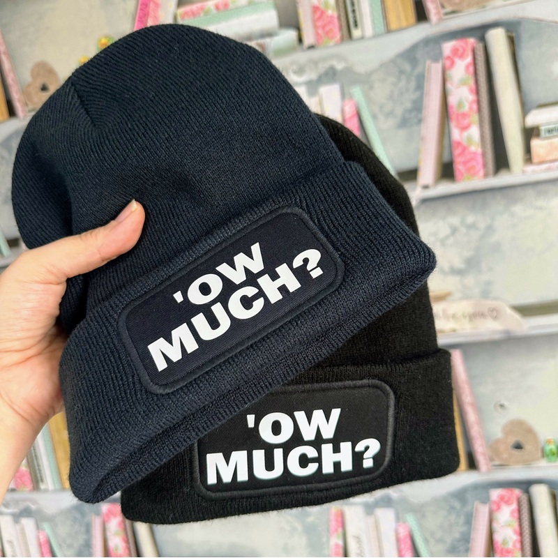 Ow Much Cuffed Rectangular Patch Beanie Hat