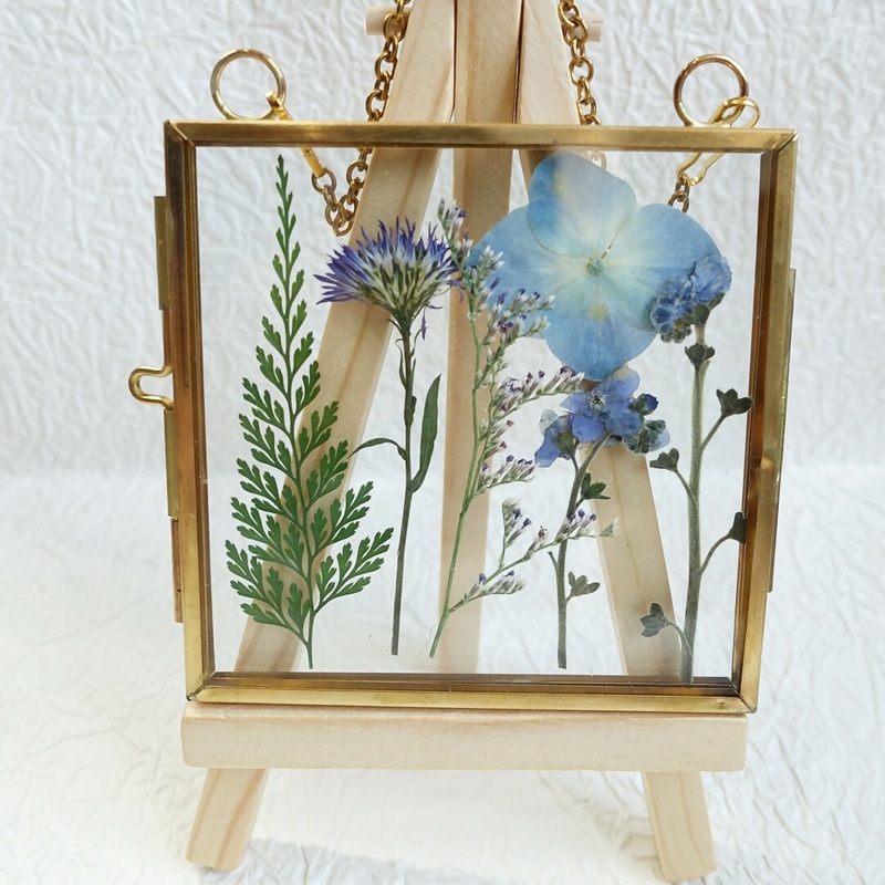 Pressed Blue Floral Arrangement in Gold Frame