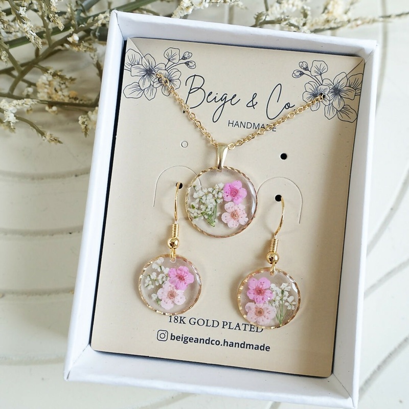 Pressed Flowers Jewellery Set – Pink