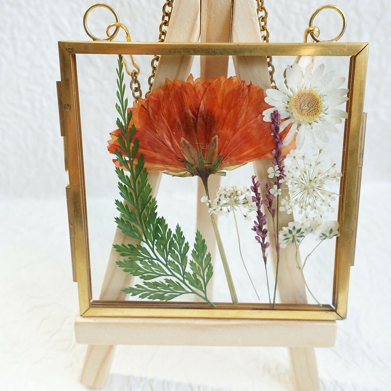 Pressed Orange Floral Arrangement in Gold Frame