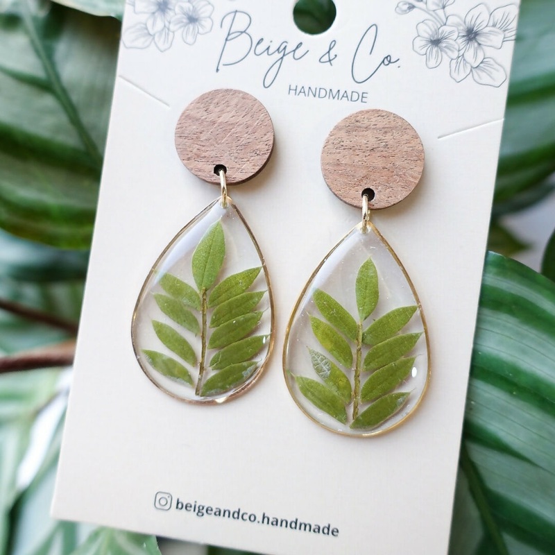Wooden Leaf Pressed Flower Earrings