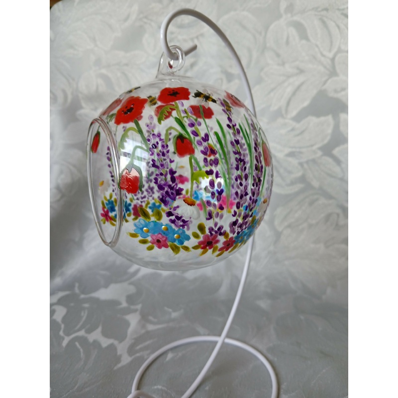 Hand painted Glass Candle Holder with Lavender and Bees.