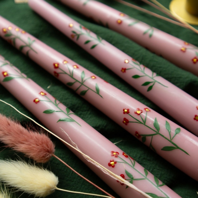 Hand-Painted Pink Floral Taper Candle