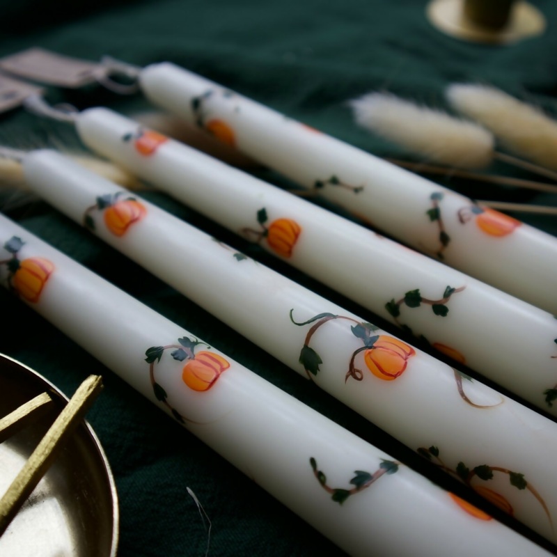 Hand Painted Taper Candle with Autumn Pumpkins