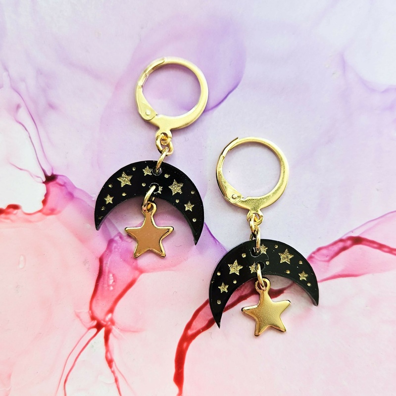 Handmade Black And Gold Half Moon Resin Charm On Huggie Hoops