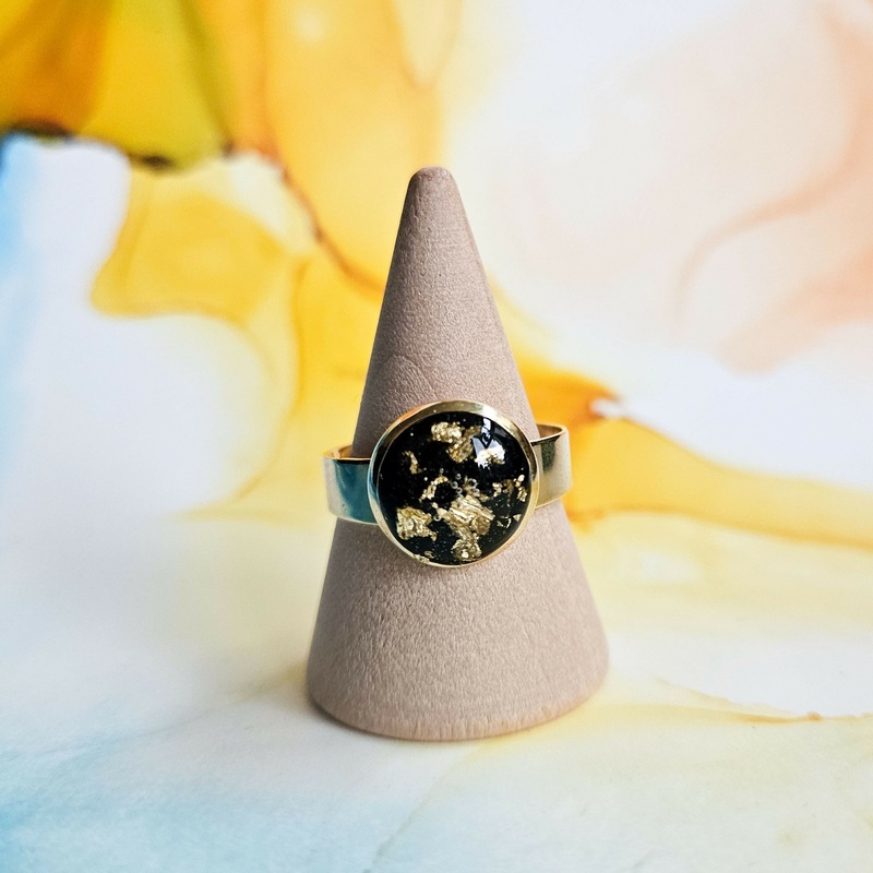 Handmade Black And Gold Leaf Resin And Stainless Steel Ring