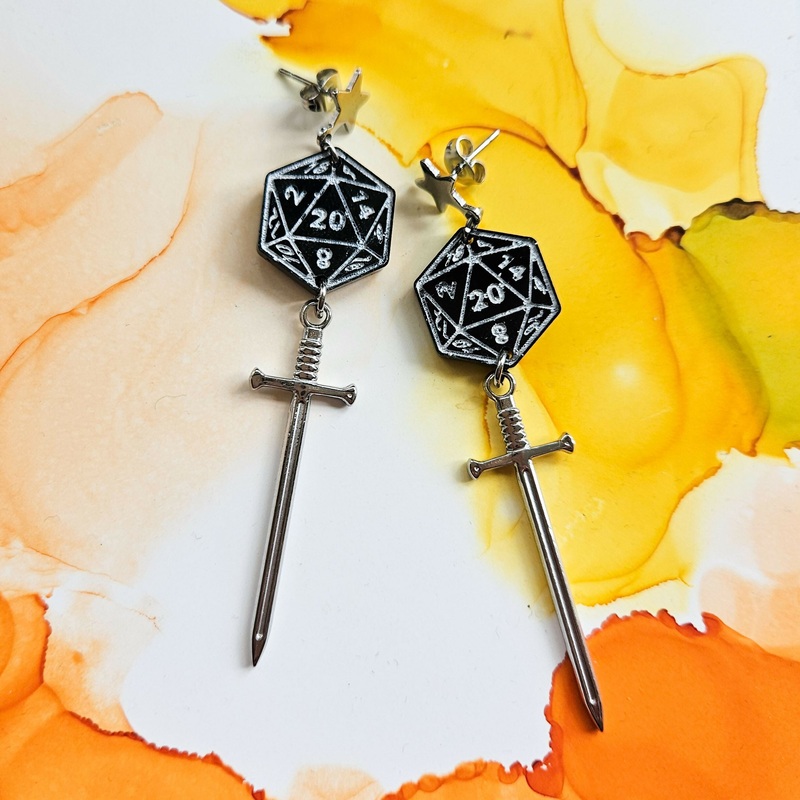 Handmade Black D20 Resin Dice and Stainless Steel Sword Earrings