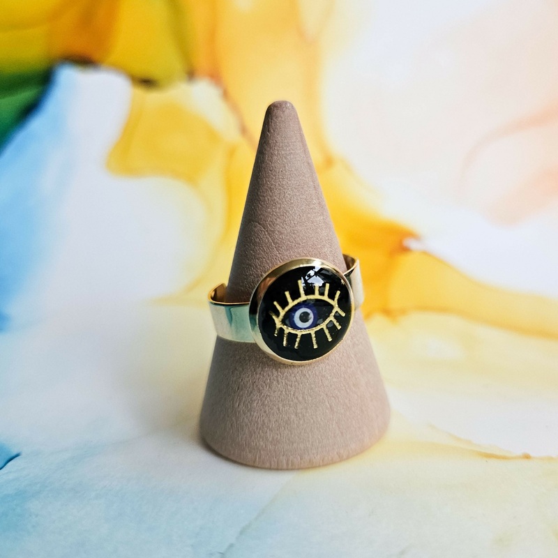 Handmade Black Evil Eye Resin And Stainless Steel Ring