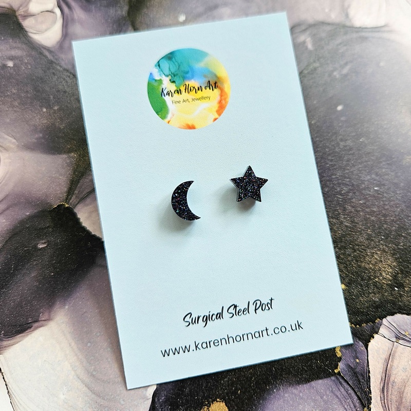 Handmade Black Glitter Moon And Star Resin Stud Earrings